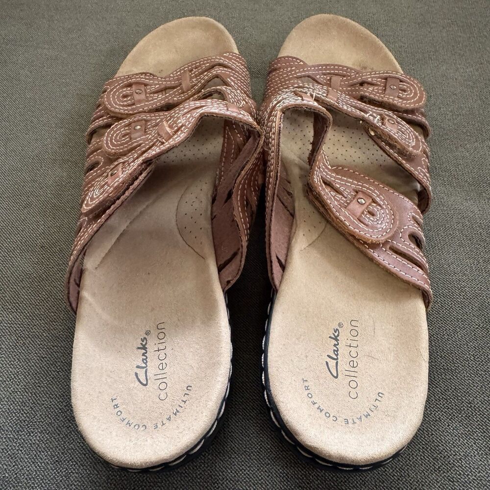 Clarks Leisa Faye Women’s 9W Brown Leather Lightweight Adjustable Slide Sandals - Picture 4 of 6